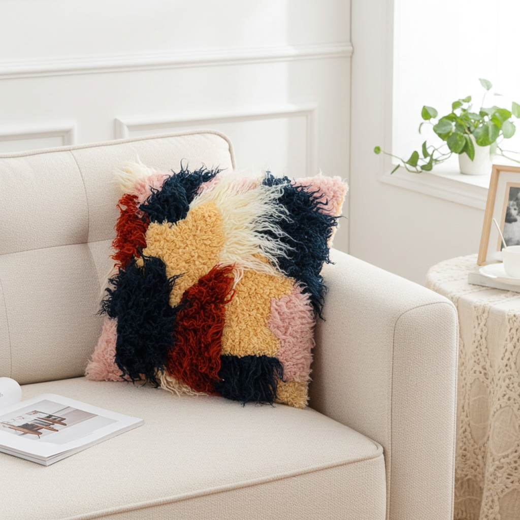 Plutus Red, White, Blue Fanciful Boho Animal Faux Fur Luxury Throw Pillow