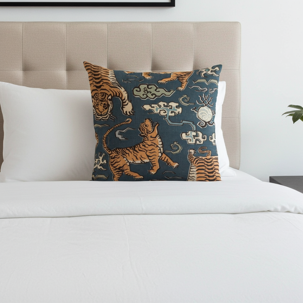 Kimono Tiger Blue and Beige Luxury Throw Pillow