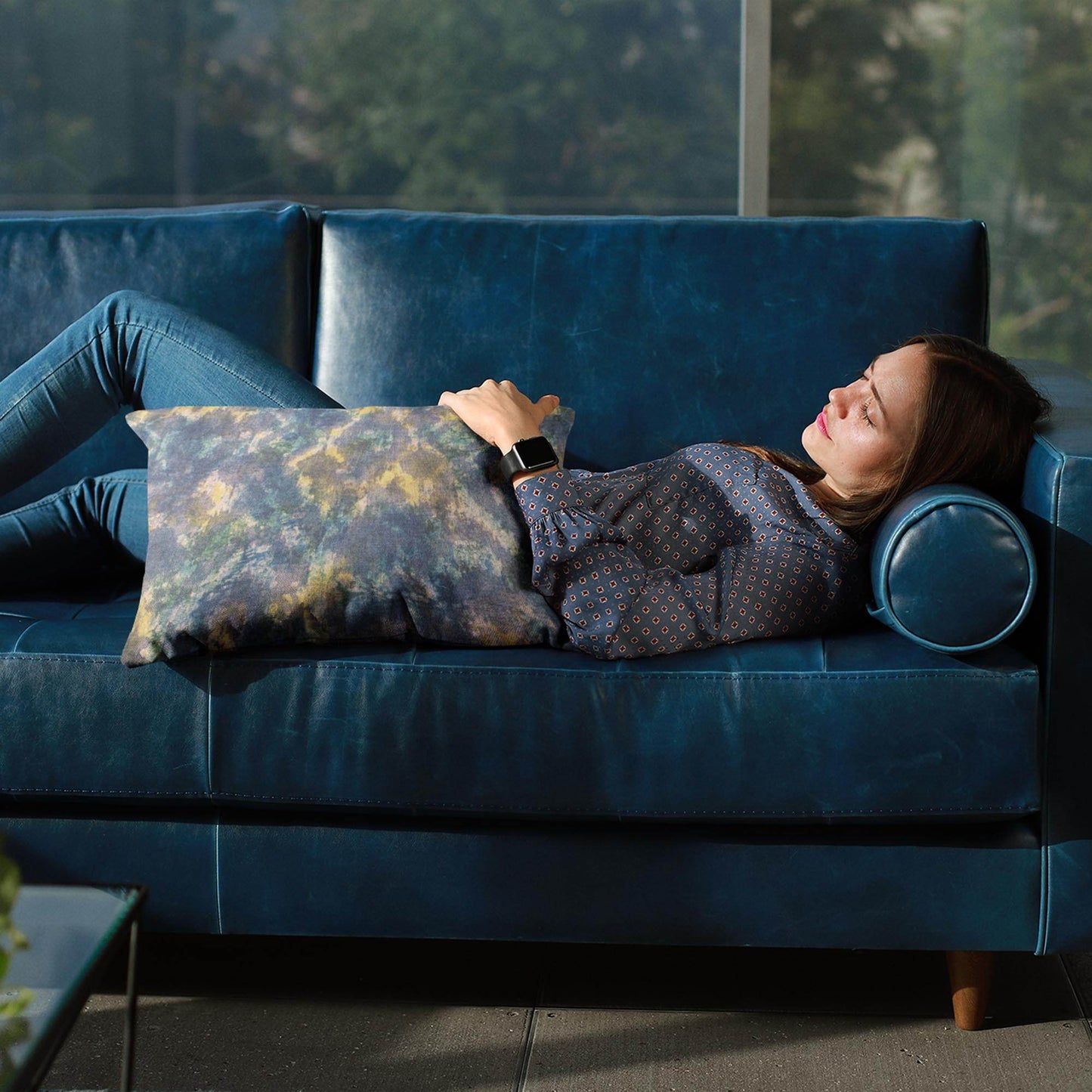 Plutus Blue Green Yellow Aquamarine Sunrise Abstract Luxury Throw Pillow - Plutus Brands