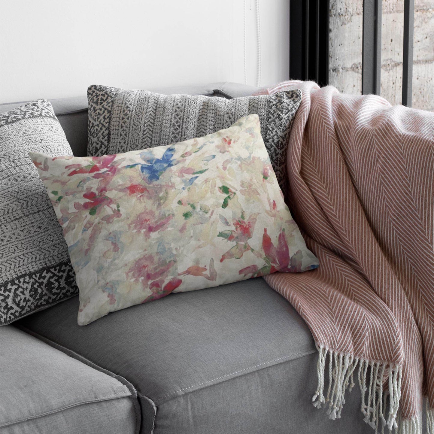 Plutus Beige Red Blue Sunset Garden Floral Luxury Throw Pillow - Plutus Brands