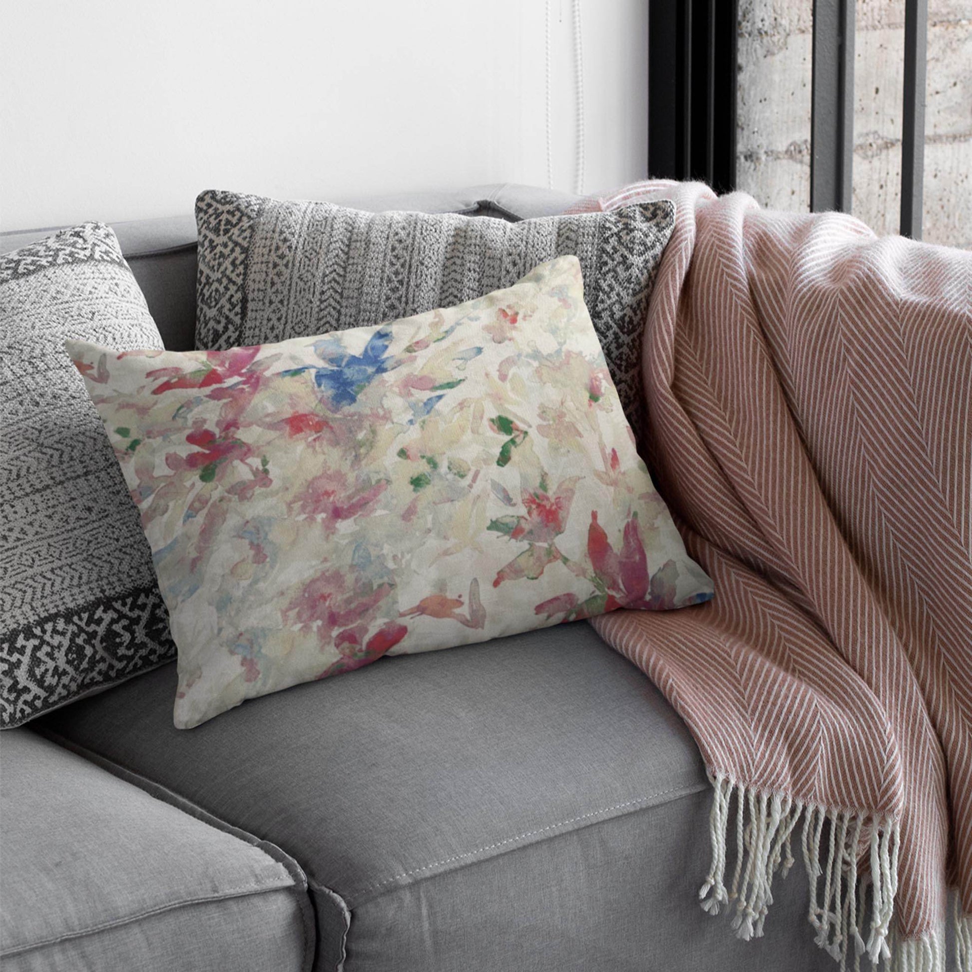 Plutus Beige Red Blue Sunset Garden Floral Luxury Throw Pillow - Plutus Brands