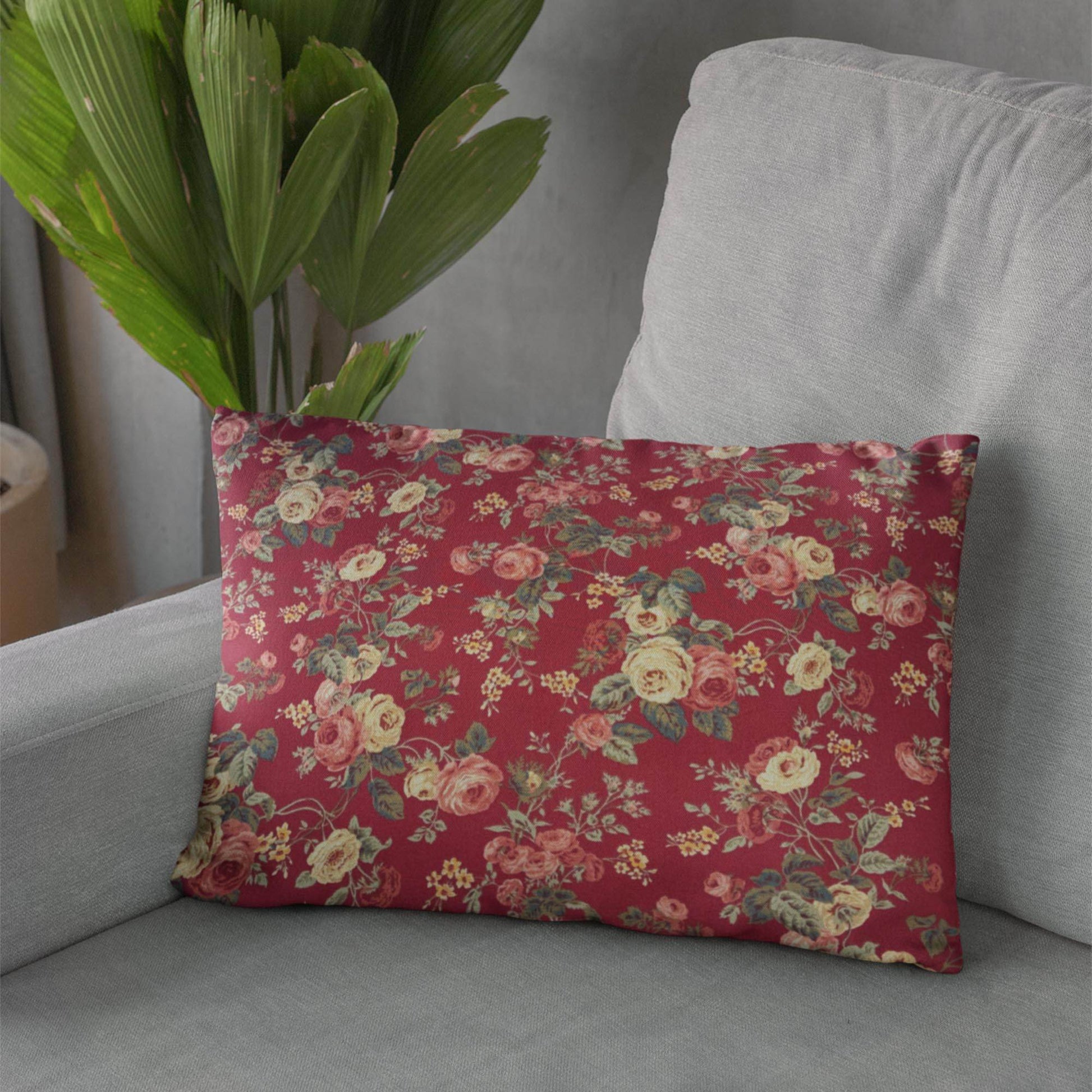 Plutus Red Beige Crimson Charm Floral Luxury Throw Pillow - Plutus Brands