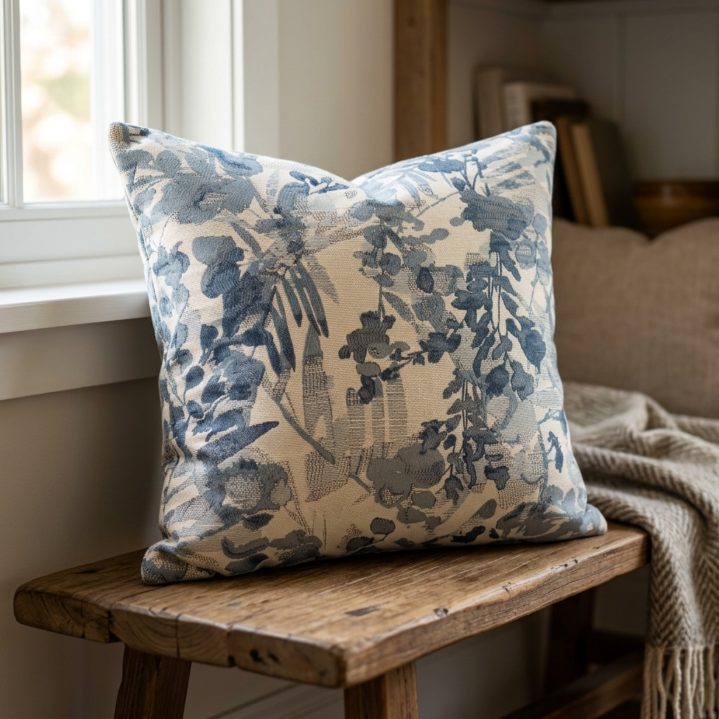Plutus Blue Beige Gray Serene Blooms Floral Luxury Throw Pillow