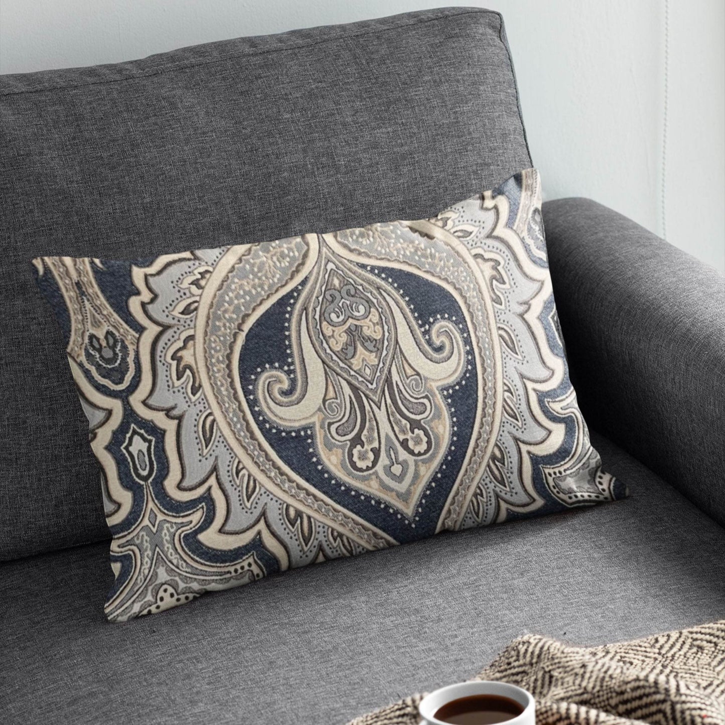 Plutus Blue Gold Beige Regal Paisley Paisley Luxury Throw Pillow - Plutus Brands