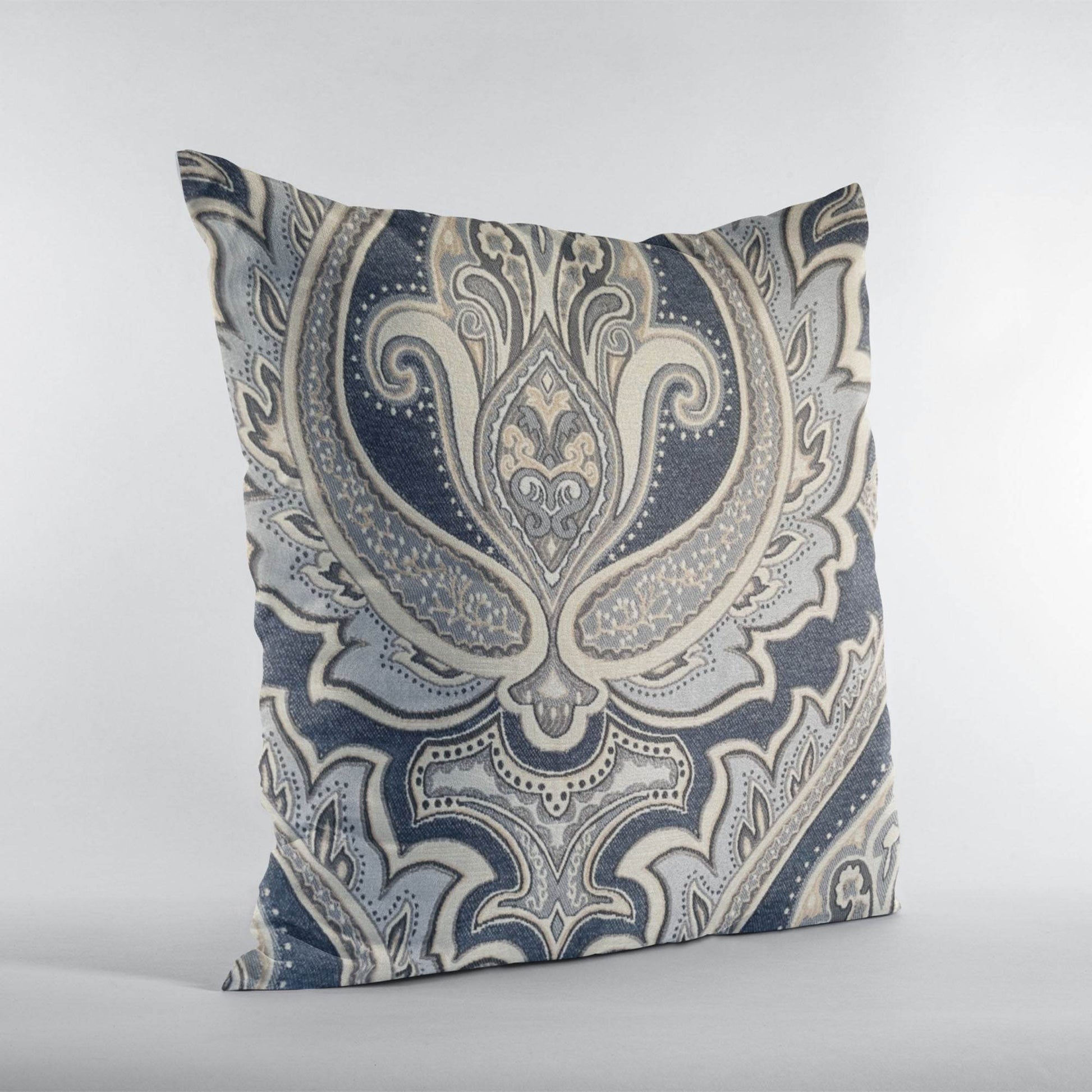 Plutus Blue Gold Beige Regal Paisley Paisley Luxury Throw Pillow - Plutus Brands