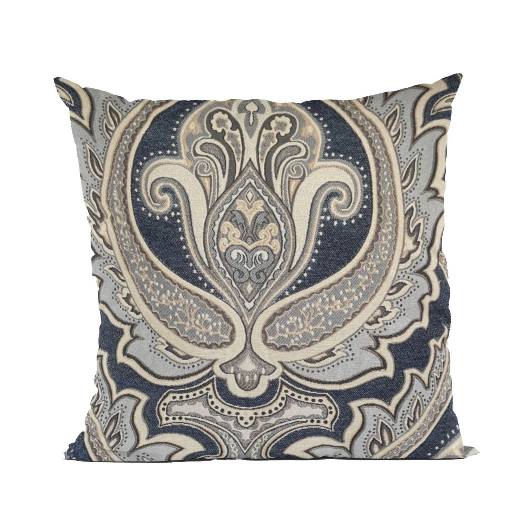 Plutus Blue Gold Beige Regal Paisley Paisley Luxury Throw Pillow - Plutus Brands
