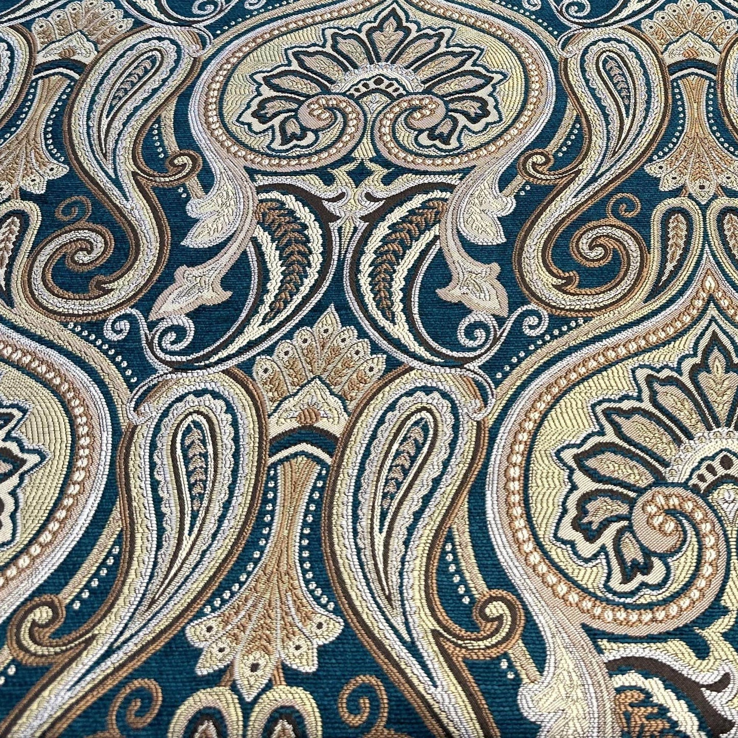 Plutus Blue Gold Beige Majestic Swirl Paisley Luxury Throw Pillow - Plutus Brands