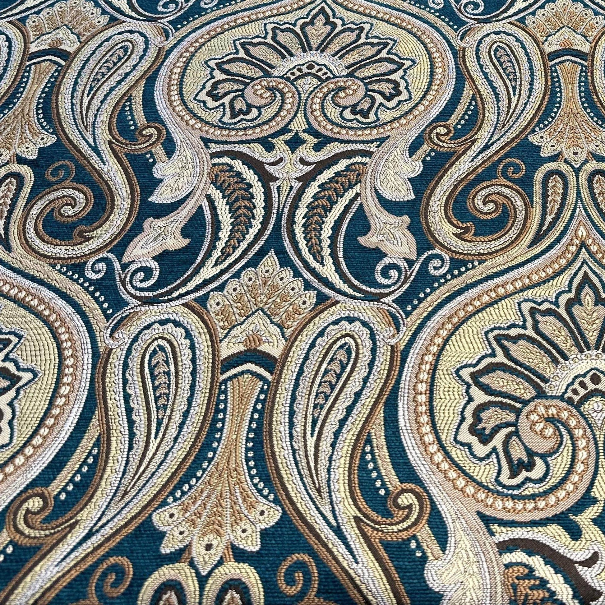 Plutus Blue Gold Beige Majestic Swirl Paisley Luxury Throw Pillow - Plutus Brands