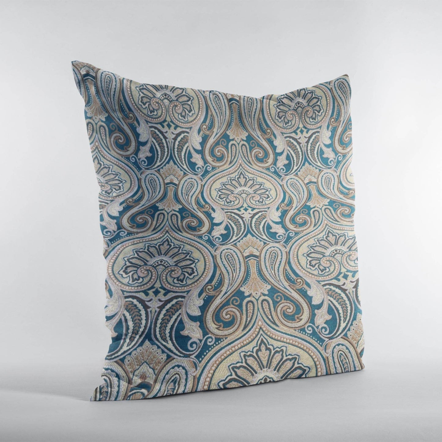 Plutus Blue Gold Beige Majestic Swirl Paisley Luxury Throw Pillow - Plutus Brands