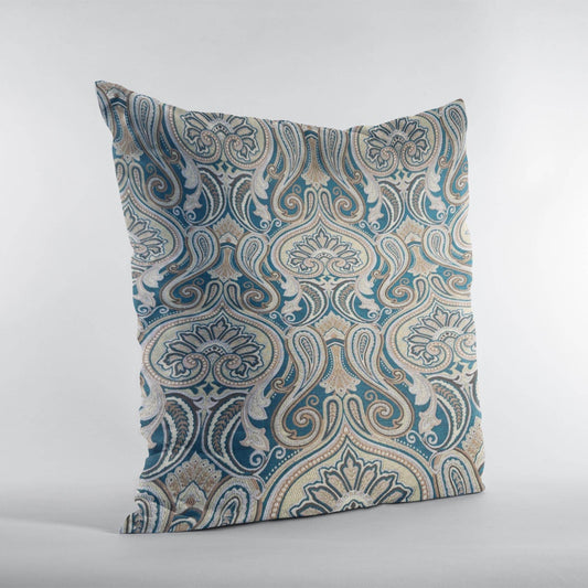 Plutus Blue Gold Beige Majestic Swirl Paisley Luxury Throw Pillow - Plutus Brands
