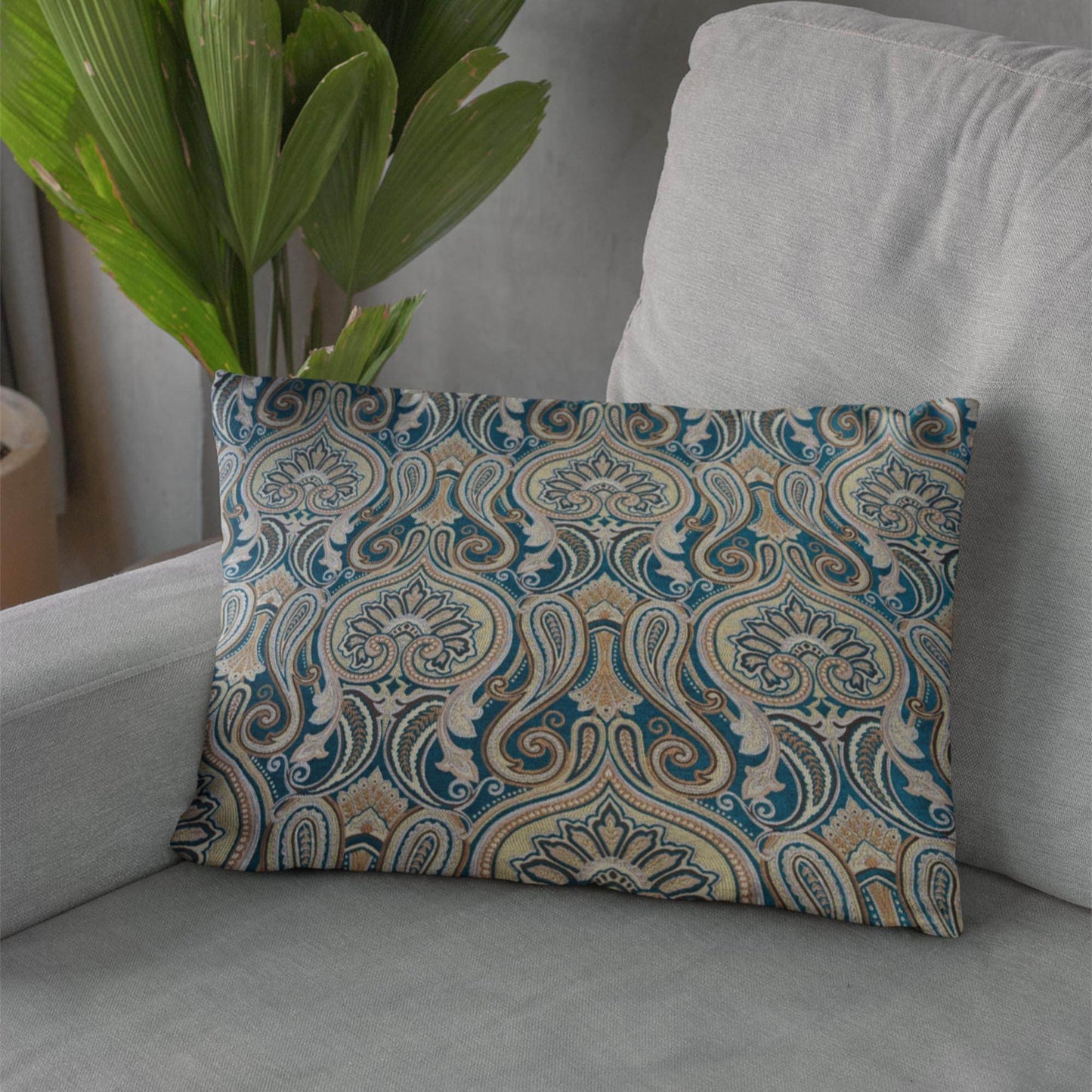 Plutus Blue Gold Beige Majestic Swirl Paisley Luxury Throw Pillow - Plutus Brands