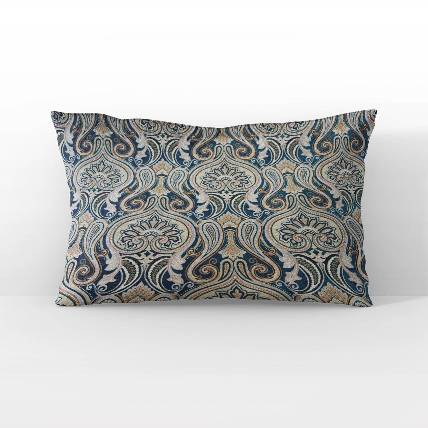Plutus Blue Gold Beige Majestic Swirl Paisley Luxury Throw Pillow - Plutus Brands