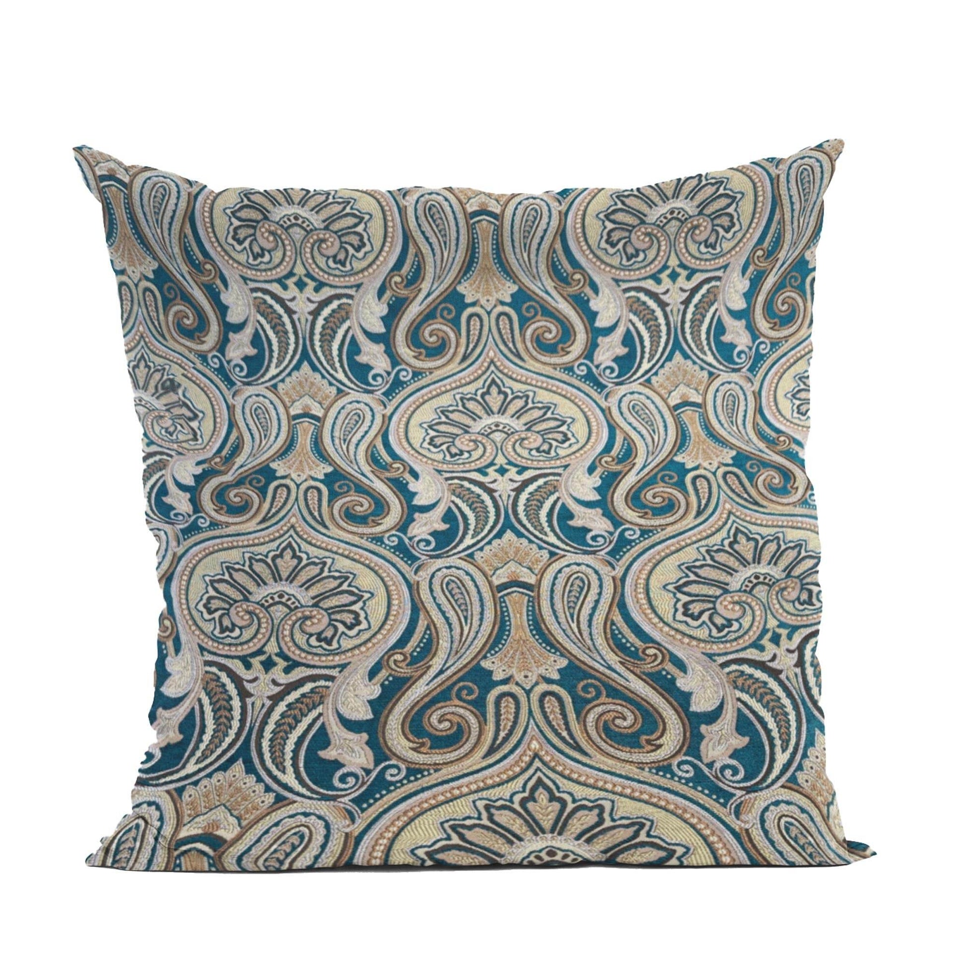 Plutus Blue Gold Beige Majestic Swirl Paisley Luxury Throw Pillow - Plutus Brands