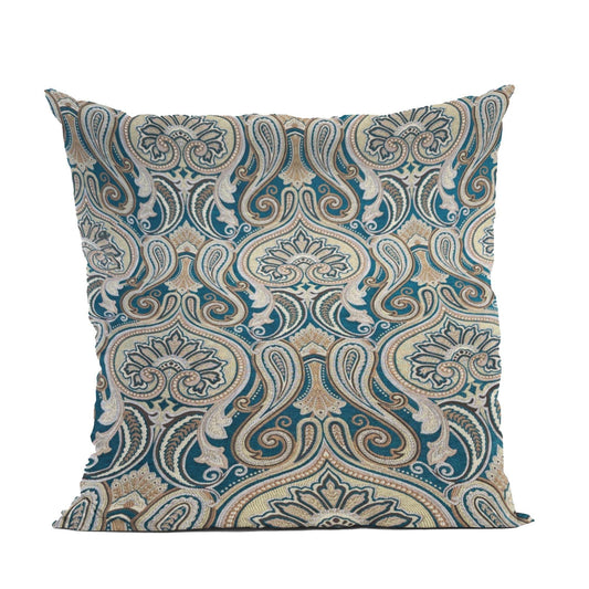 Plutus Blue Gold Beige Majestic Swirl Paisley Luxury Throw Pillow - Plutus Brands