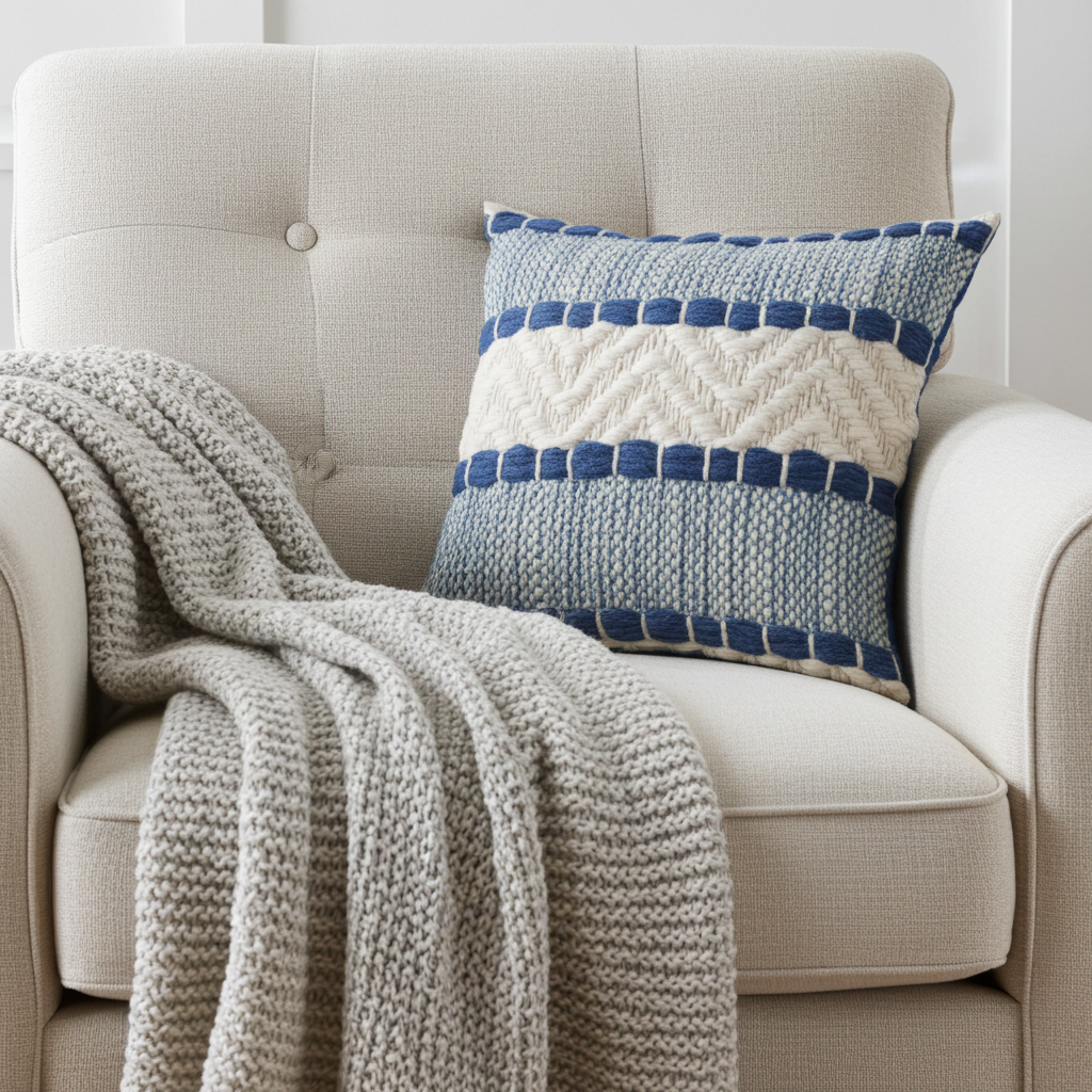 Plutus Blue Beige Tideweave Stripe Luxury Throw Pillow