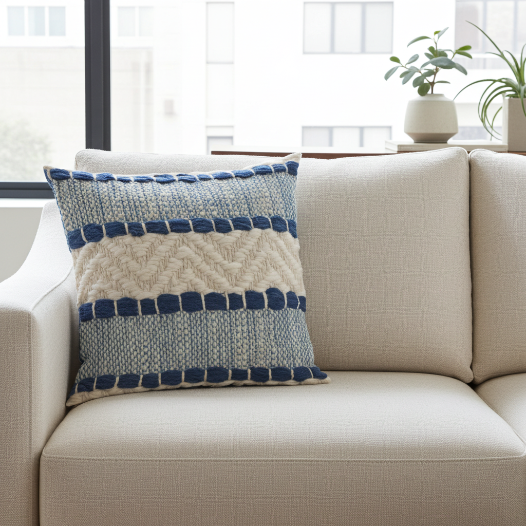 Plutus Blue Beige Tideweave Stripe Luxury Throw Pillow