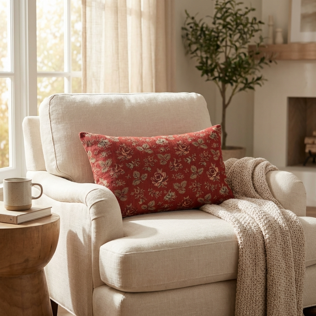 Plutus Persimmon Garden Cherry Blossoms Printed On A Linen Looking Polyester. Luxury Throw Pillow