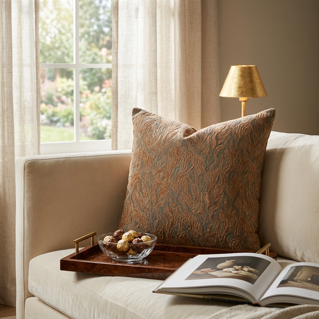 Plutus Burnished Bronze Yarns Shiny Fabric With Twig Pattern Luxury Throw Pillow