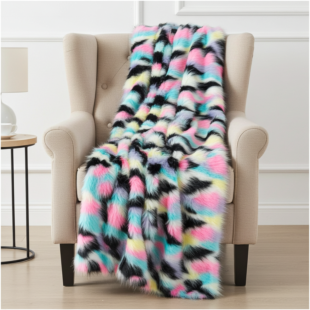 Plutus Pink, Blue, Black, Yellow Exotic Faux Fur Luxury Throw Blanket