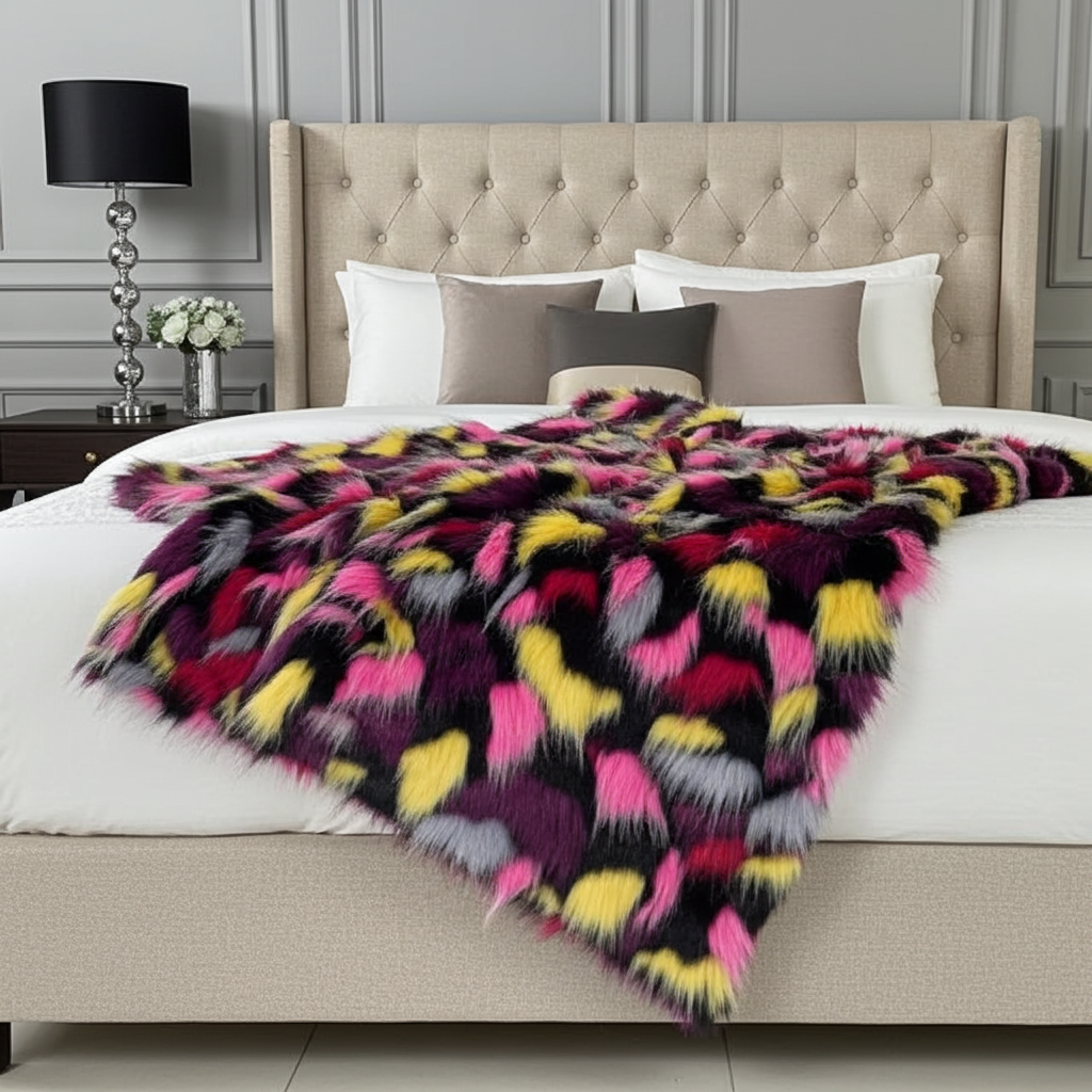 Plutus Burgundy, Black Exotic Parrot Faux Fur Luxury Throw Blanket