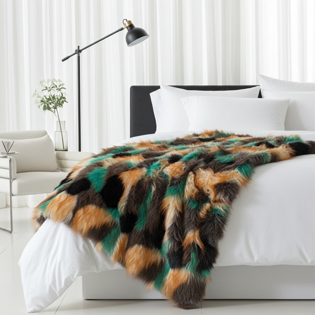 Plutus Multi-Color Fancy Feather Faux Fur Luxury Throw Blanket