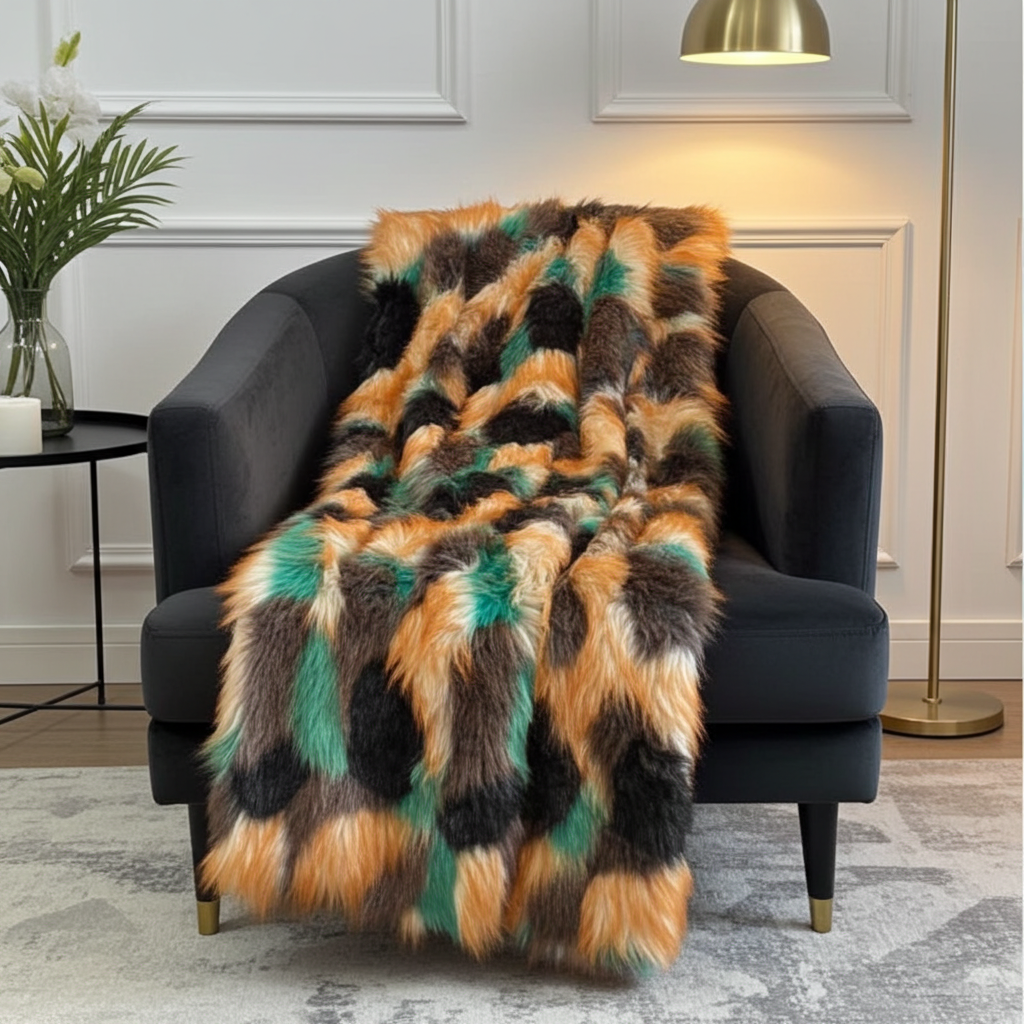 Plutus Multi-Color Fancy Feather Faux Fur Luxury Throw Blanket
