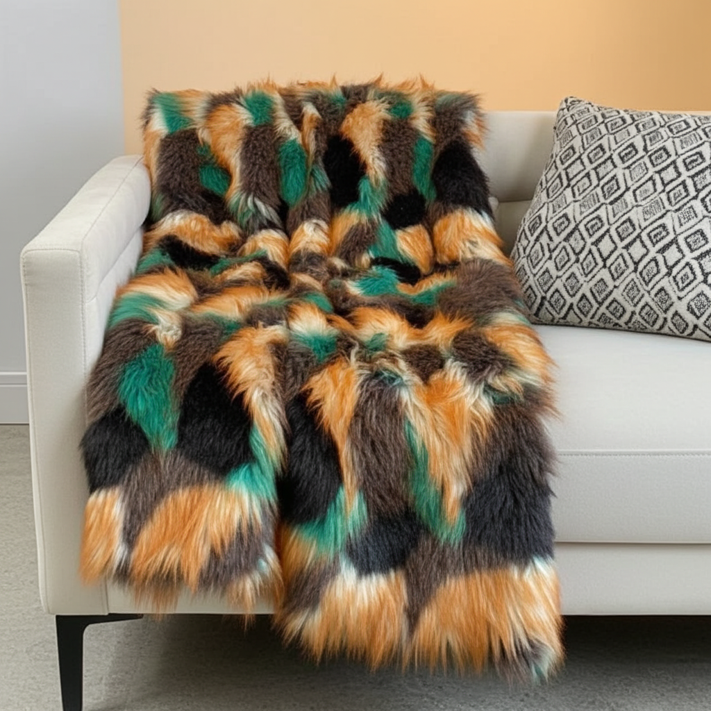 Plutus Multi-Color Fancy Feather Faux Fur Luxury Throw Blanket