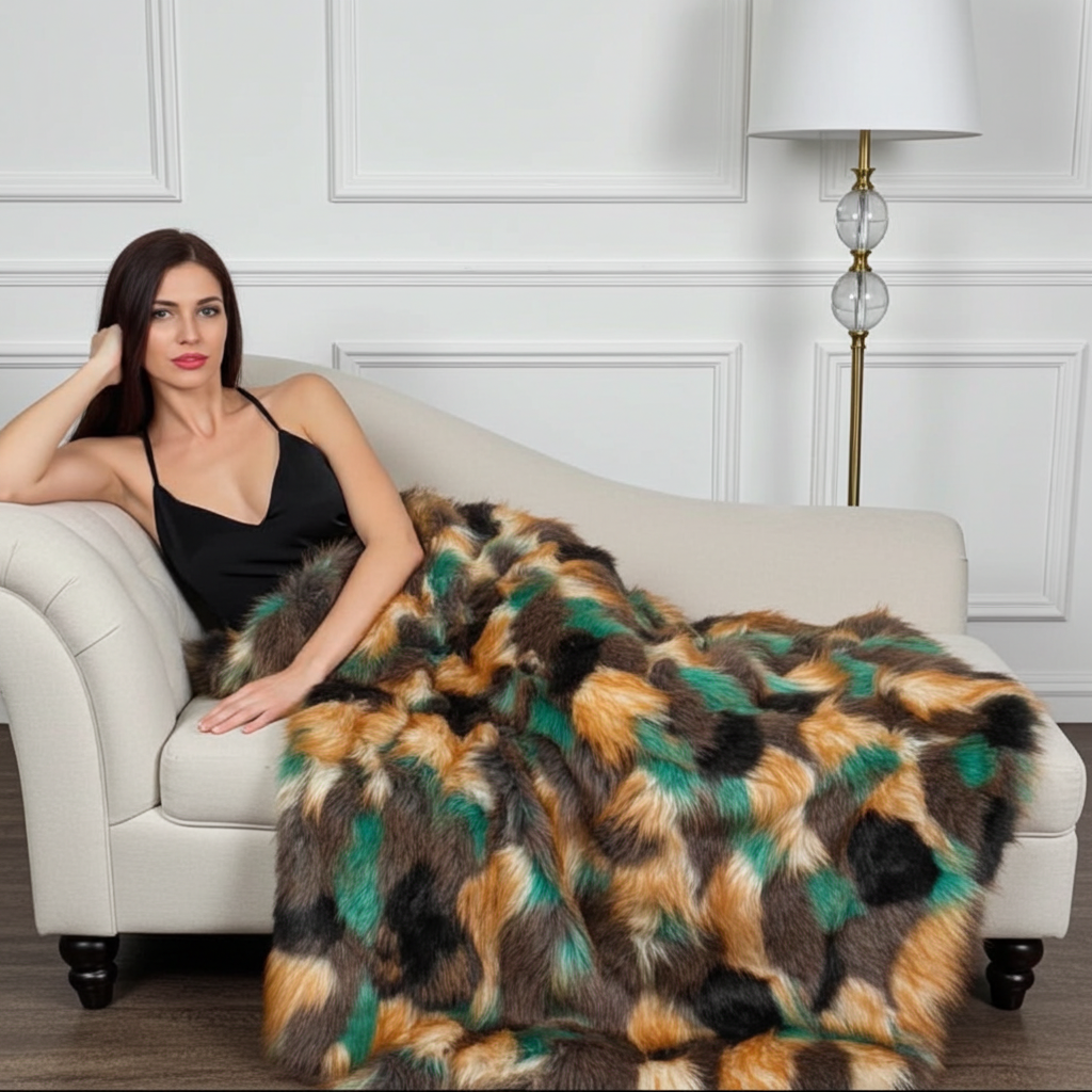 Plutus Multi-Color Fancy Feather Faux Fur Luxury Throw Blanket
