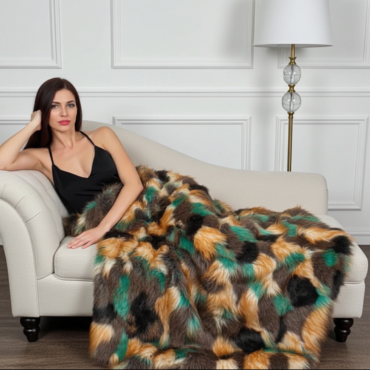 Plutus Multi-Color  Fancy Feather Faux Fur Luxury Throw Blanket