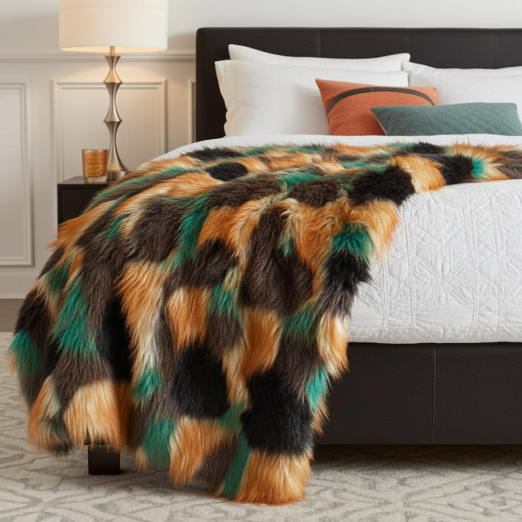 Plutus Multi-Color Fancy Feather Faux Fur Luxury Throw Blanket