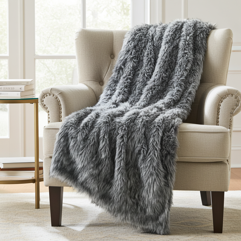 Wolf Faux Fur Grey Luxury Throw