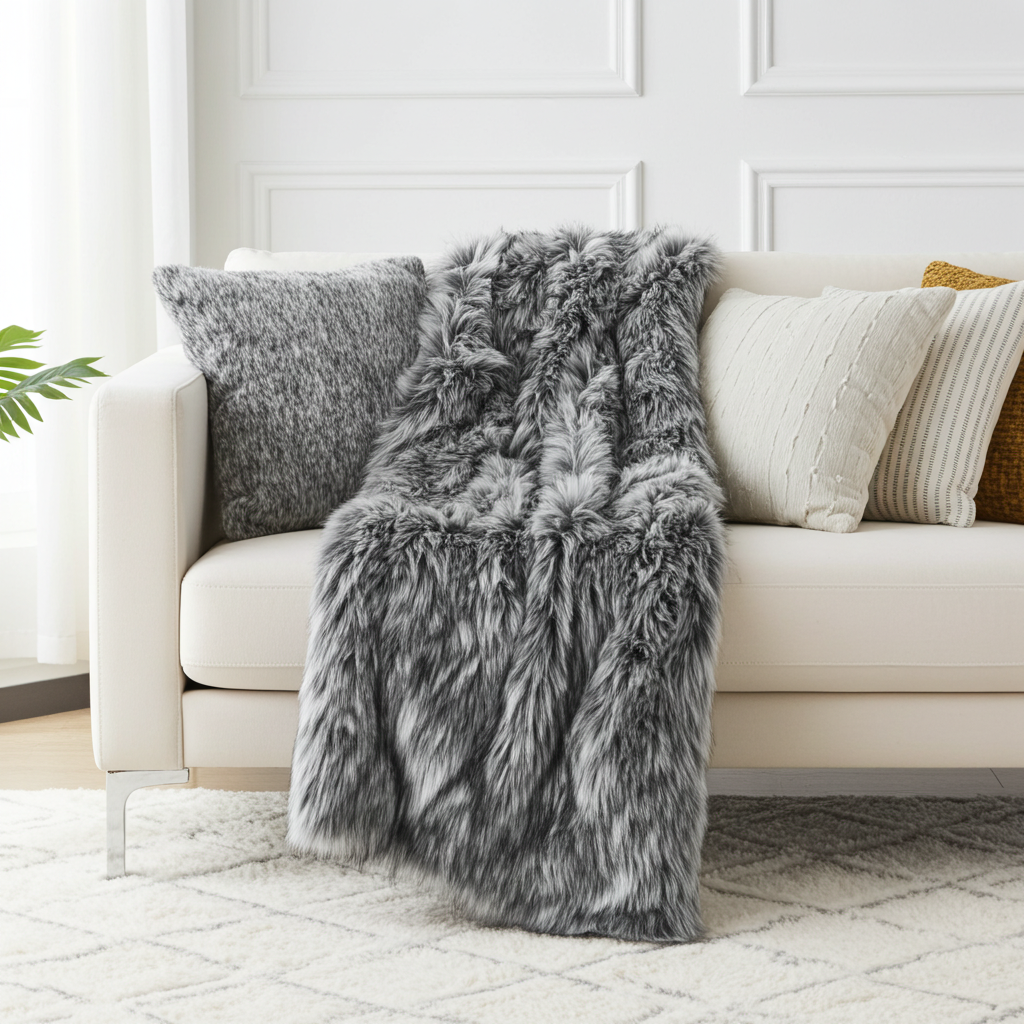 Wolf Faux Fur Grey Luxury Throw