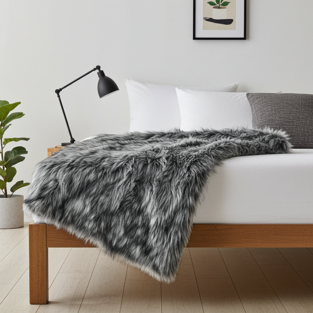 Wolf Faux Fur Grey Luxury Throw