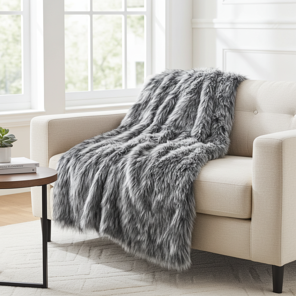Wolf Faux Fur Grey Luxury Throw