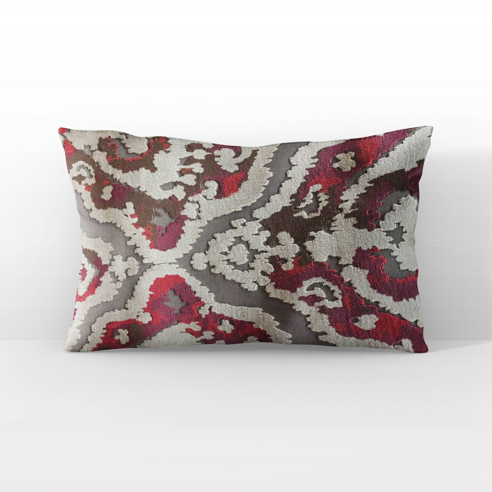 Plutus Tribal Harmony iKat Gray Burgundy Taupe Velvet Luxury Throw Pillow - Plutus Brands