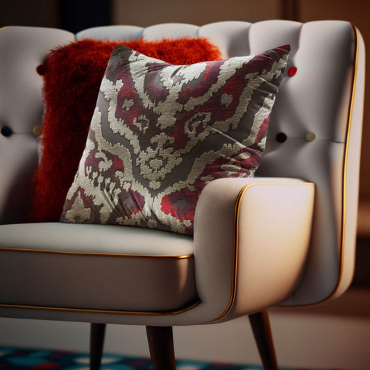Plutus Tribal Harmony iKat Gray Burgundy Taupe Velvet Luxury Throw Pillow - Plutus Brands