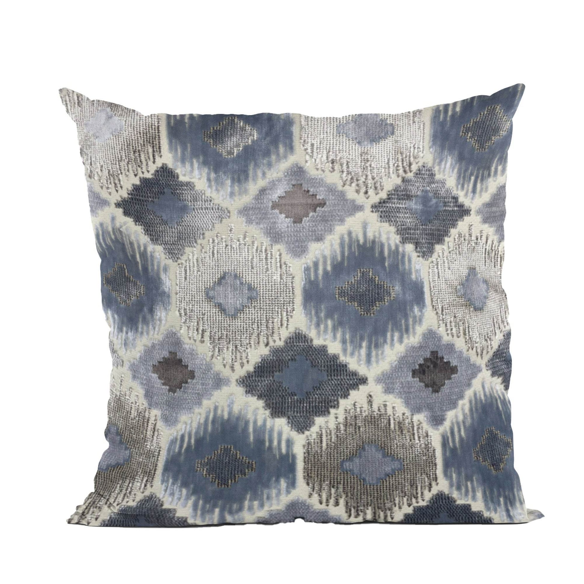 Plutus Indigo Jewel iKat Blue Gray Velvet Luxury Throw Pillow - Plutus Brands