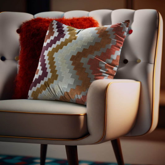 Plutus Opulence Zigzag Stripe Red Orange Gray Velvet Luxury Throw Pillow - Plutus Brands