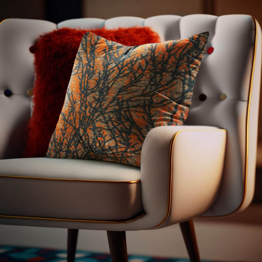 Plutus Branching Blaze Floral Orange Black Velvet Luxury Throw Pillow - Plutus Brands