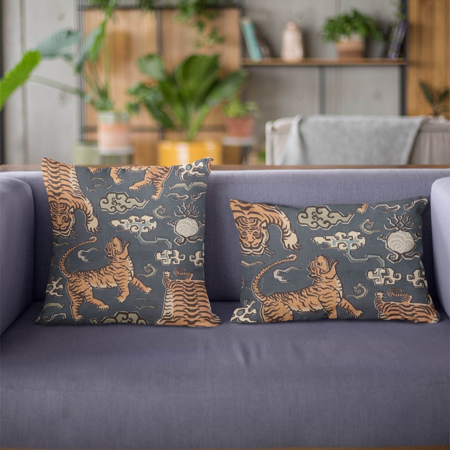 Kimono Tiger Blue and Beige Luxury Throw Pillow - Plutus Brands