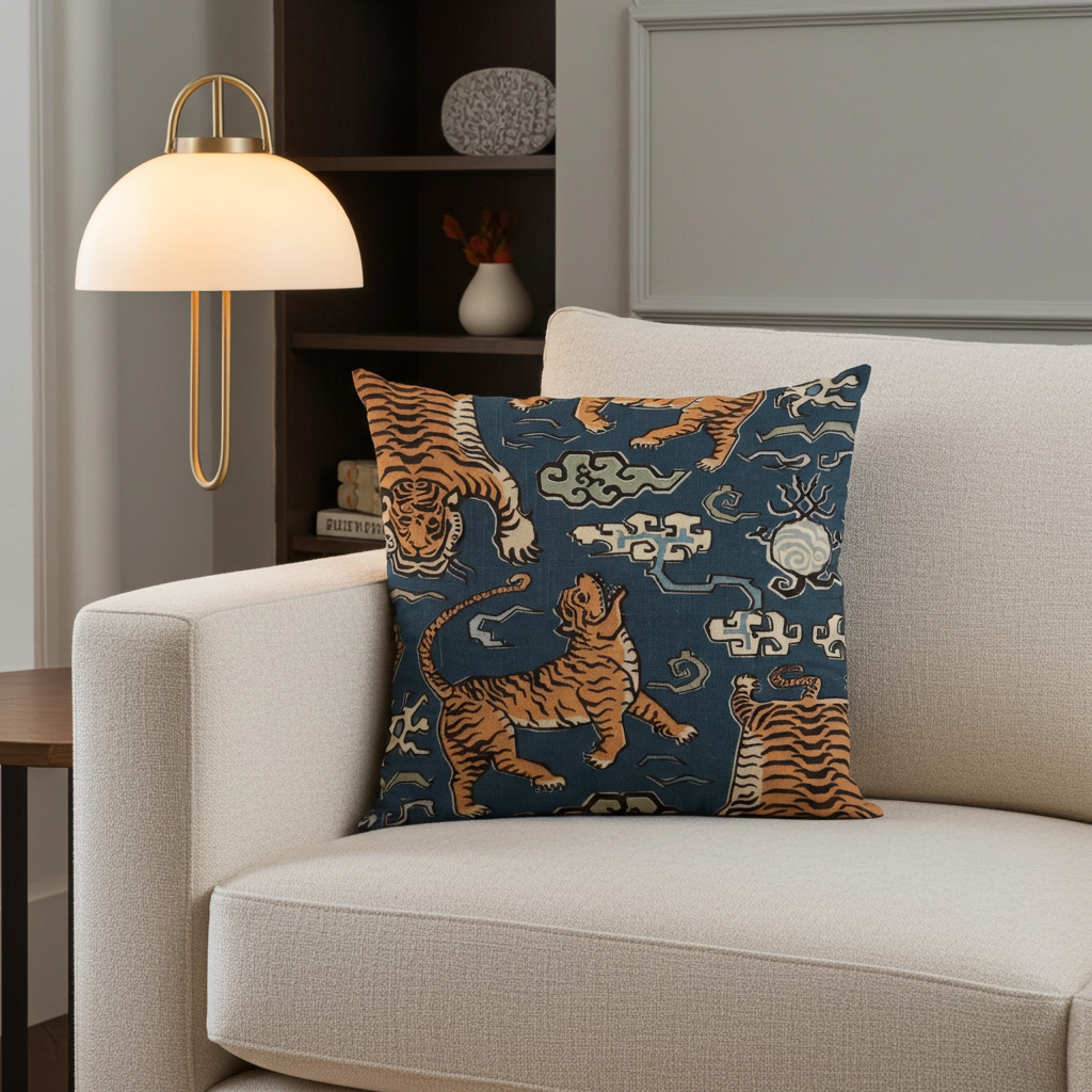 Kimono Tiger Blue and Beige Luxury Throw Pillow