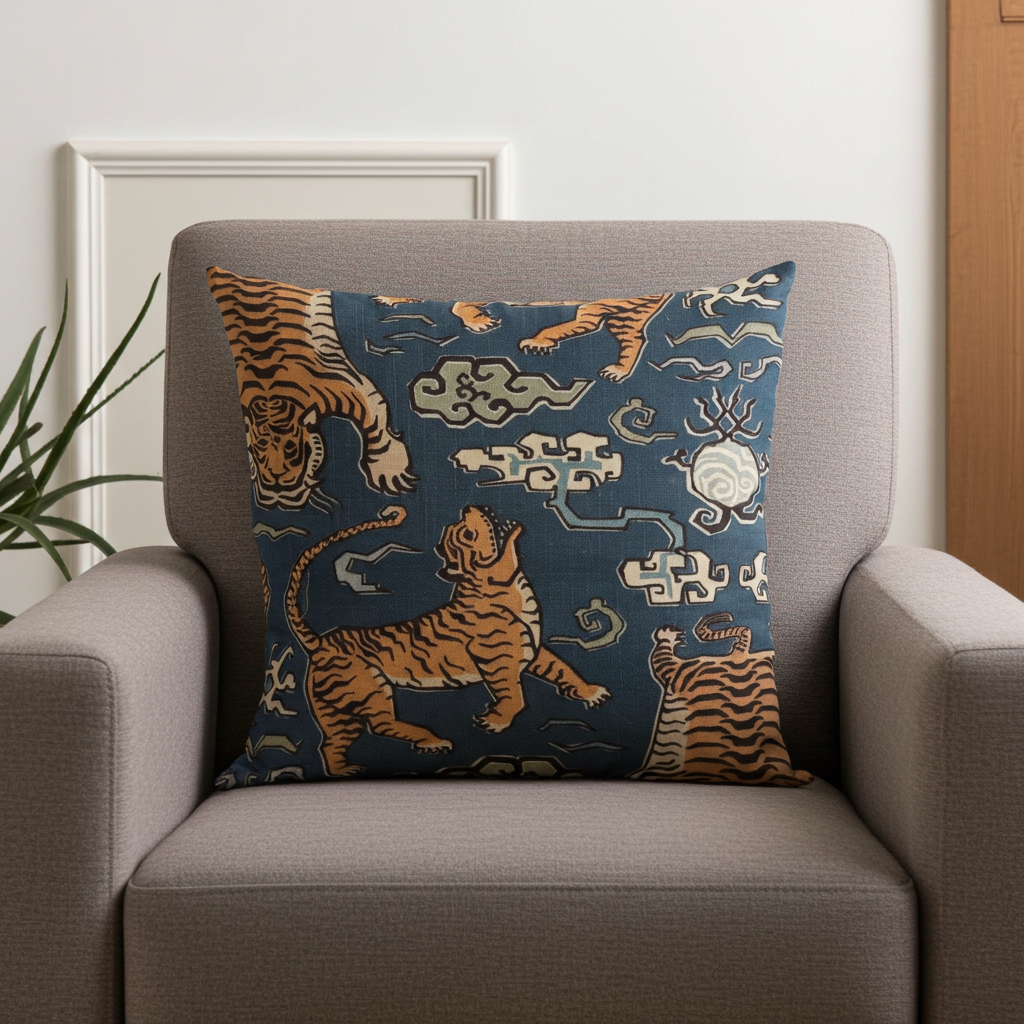 Kimono Tiger Blue and Beige Luxury Throw Pillow
