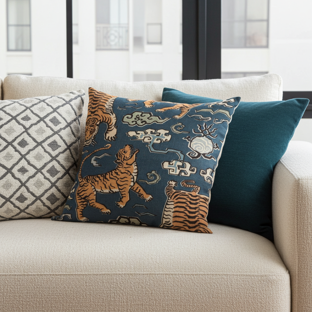 Kimono Tiger Blue and Beige Luxury Throw Pillow