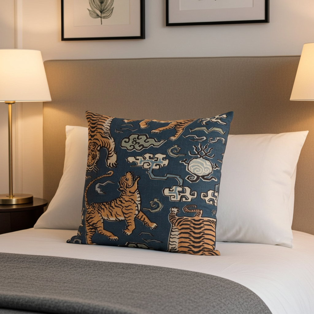 Kimono Tiger Blue and Beige Luxury Throw Pillow