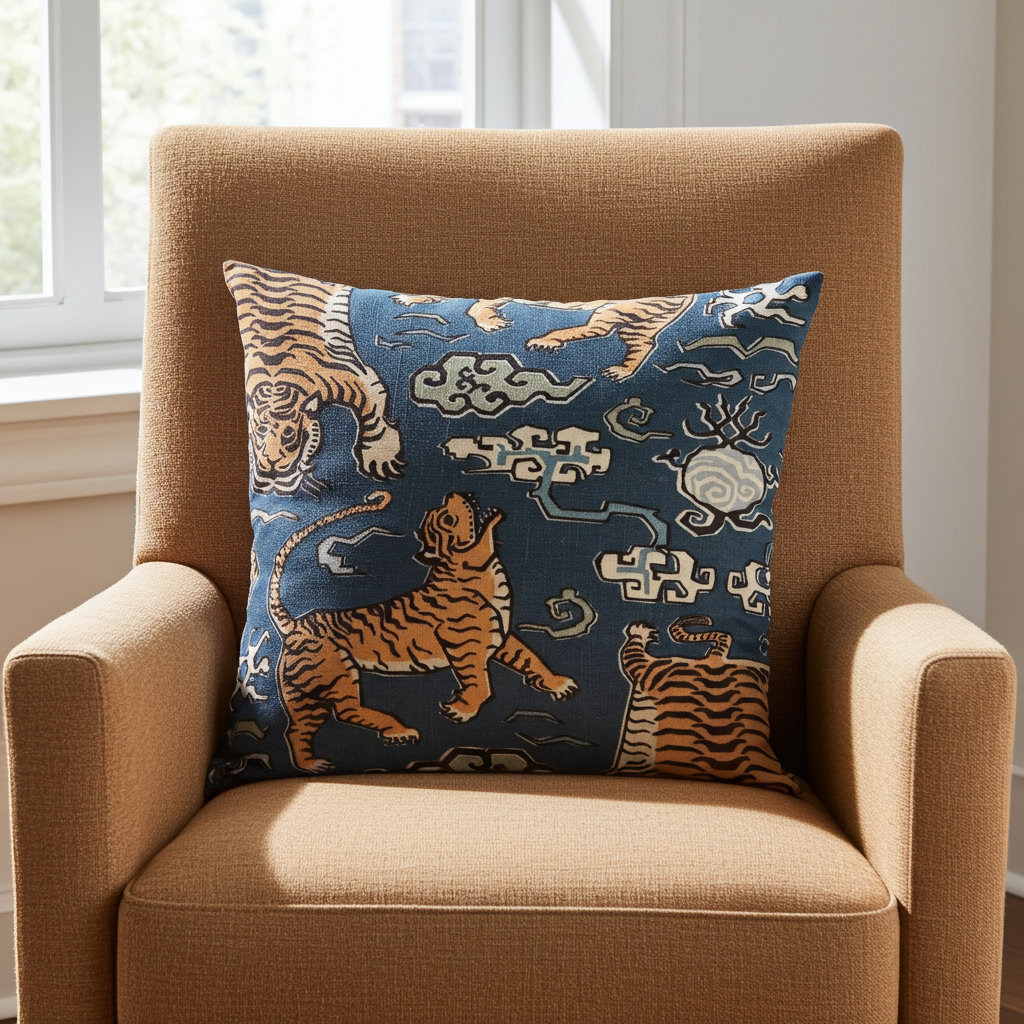 Kimono Tiger Blue and Beige Luxury Throw Pillow