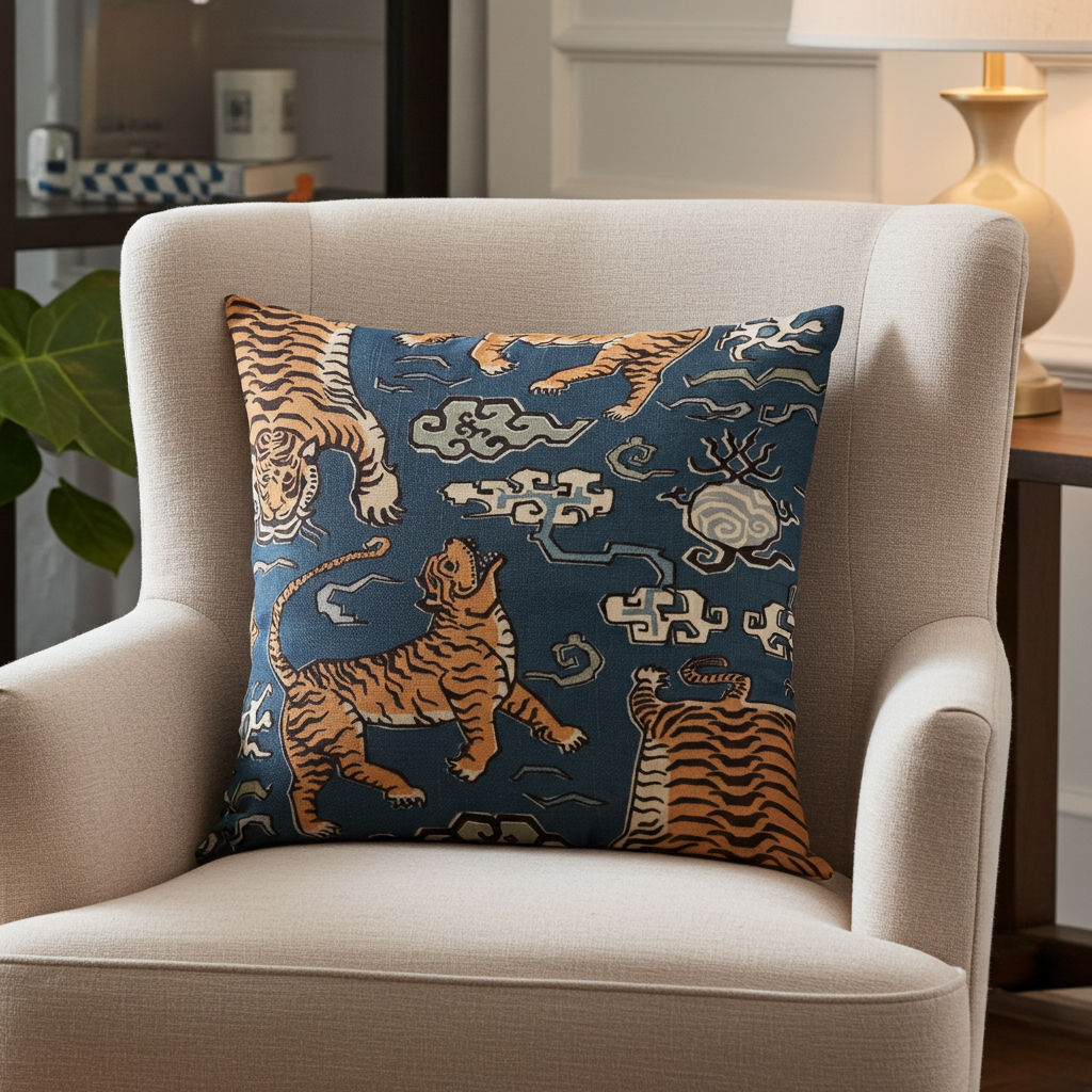 Kimono Tiger Blue and Beige Luxury Throw Pillow