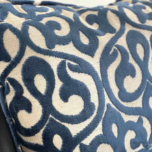 Velvety French Medallion Blue and Off White Geometric Luxury Throw Pillow - Plutus Brands