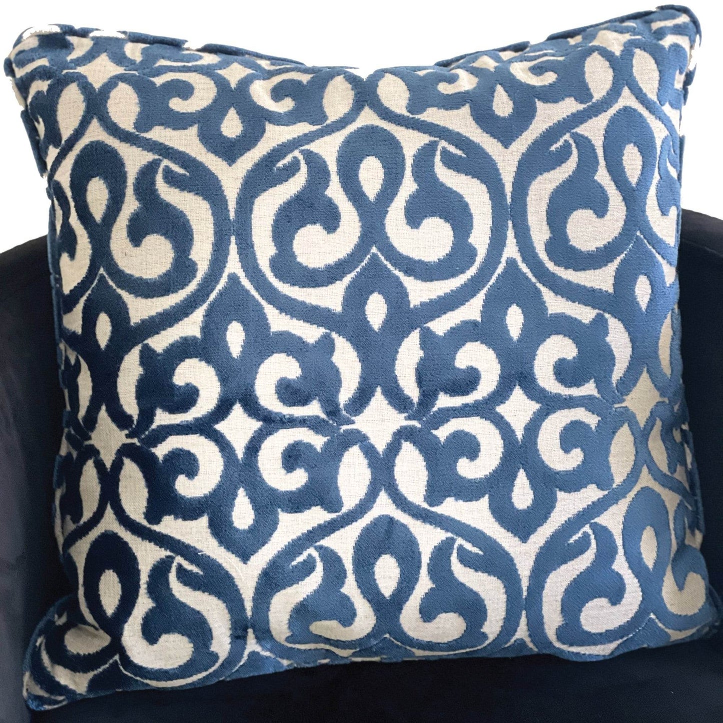 Velvety French Medallion Blue and Off White Geometric Luxury Throw Pillow - Plutus Brands