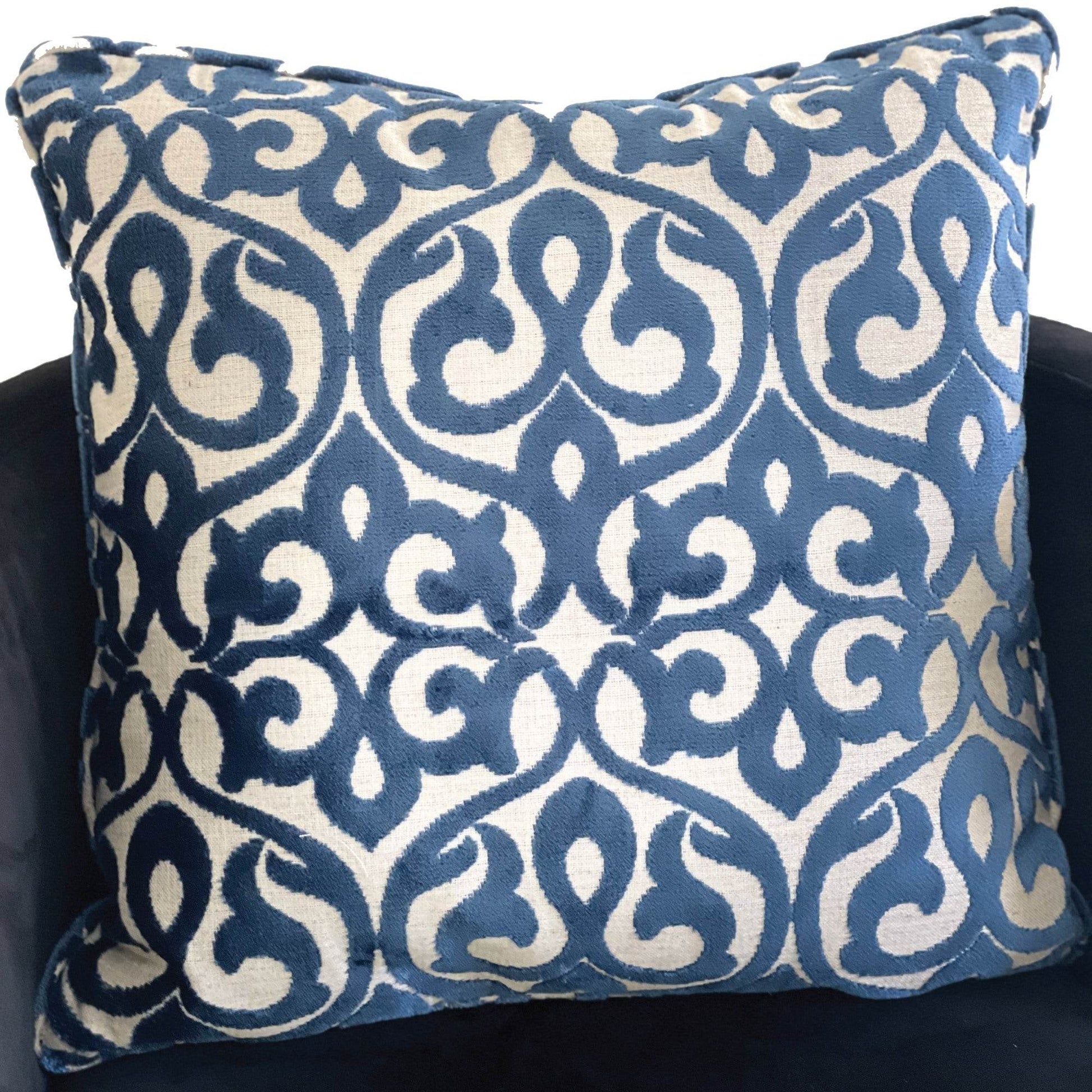 Velvety French Medallion Blue and Off White Geometric Luxury Throw Pillow - Plutus Brands