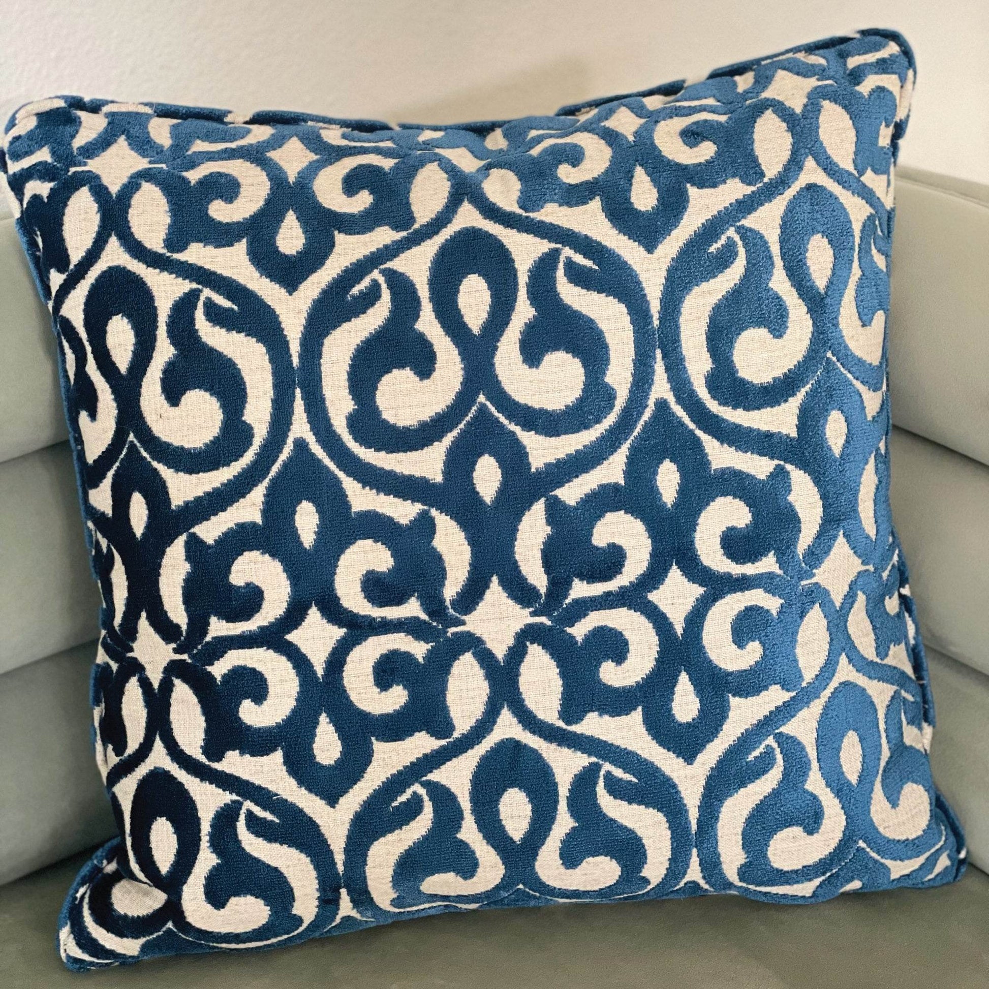 Velvety French Medallion Blue and Off White Geometric Luxury Throw Pillow - Plutus Brands